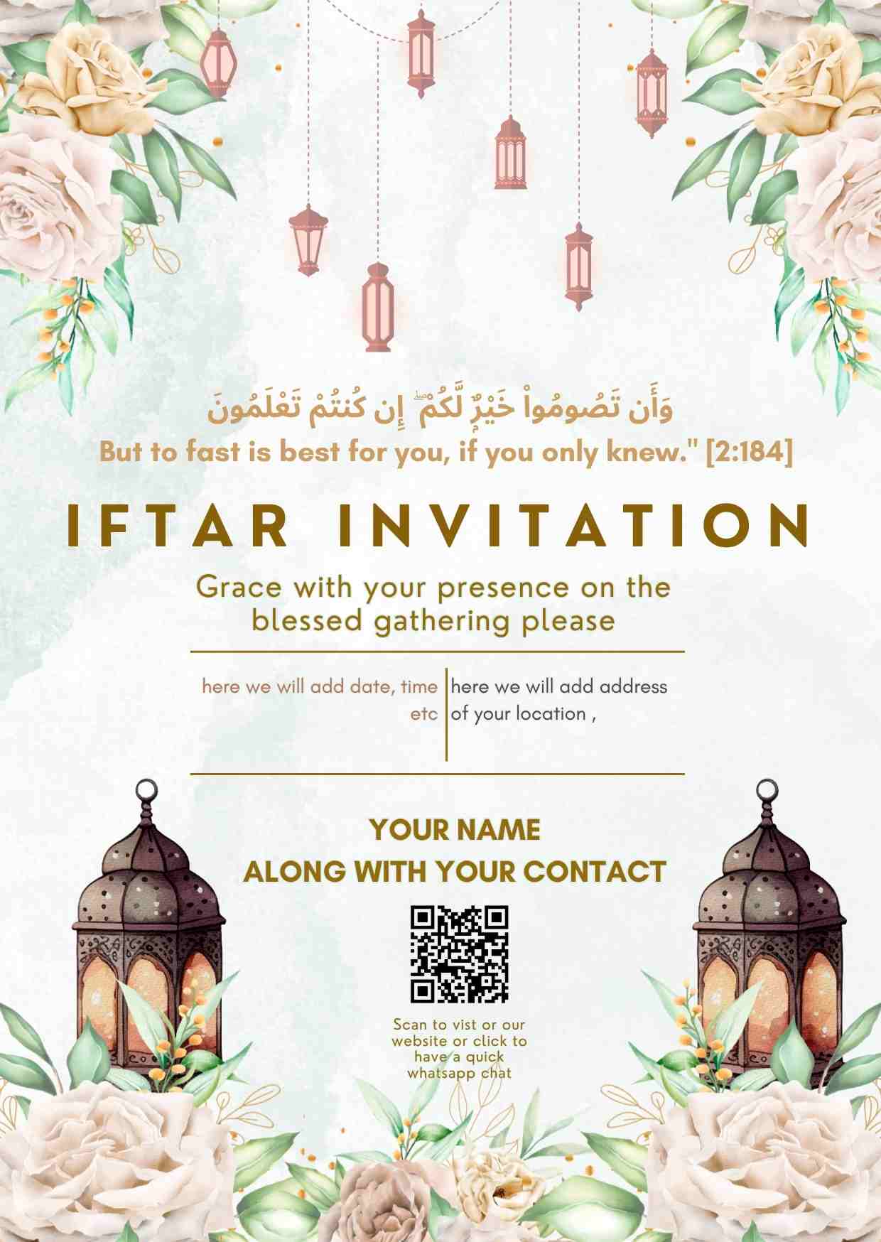 Iftar invitation brochure design with Islamic theme, lanterns and floral elements